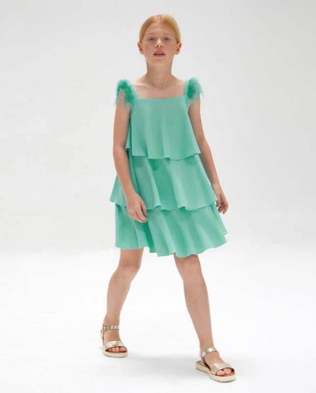 584630 vestido junior en crep y plumas